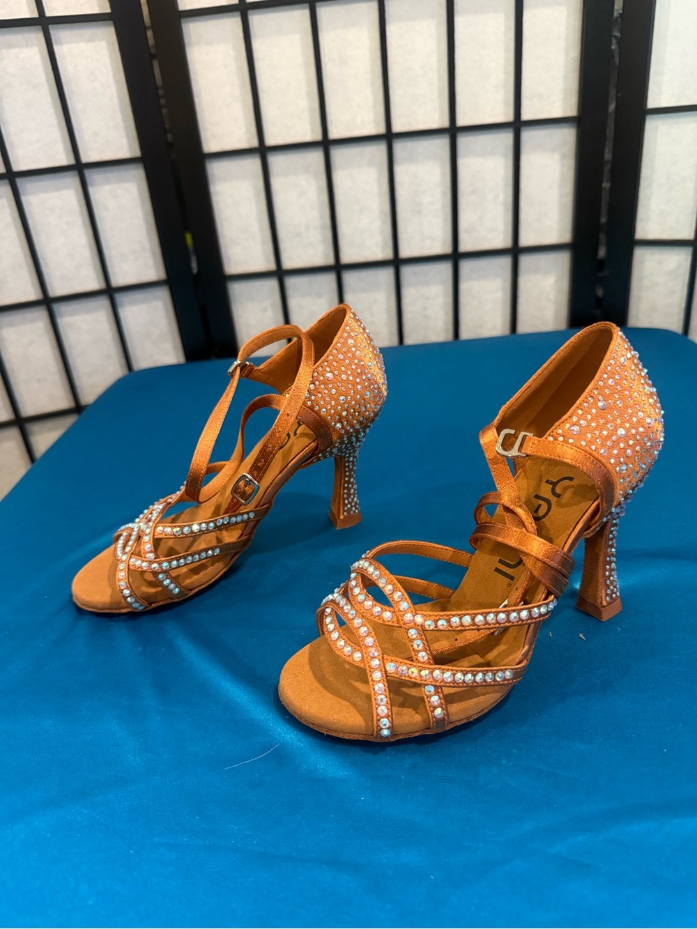 Tan Strappy Rhinestone High Heel Sandals (G2)